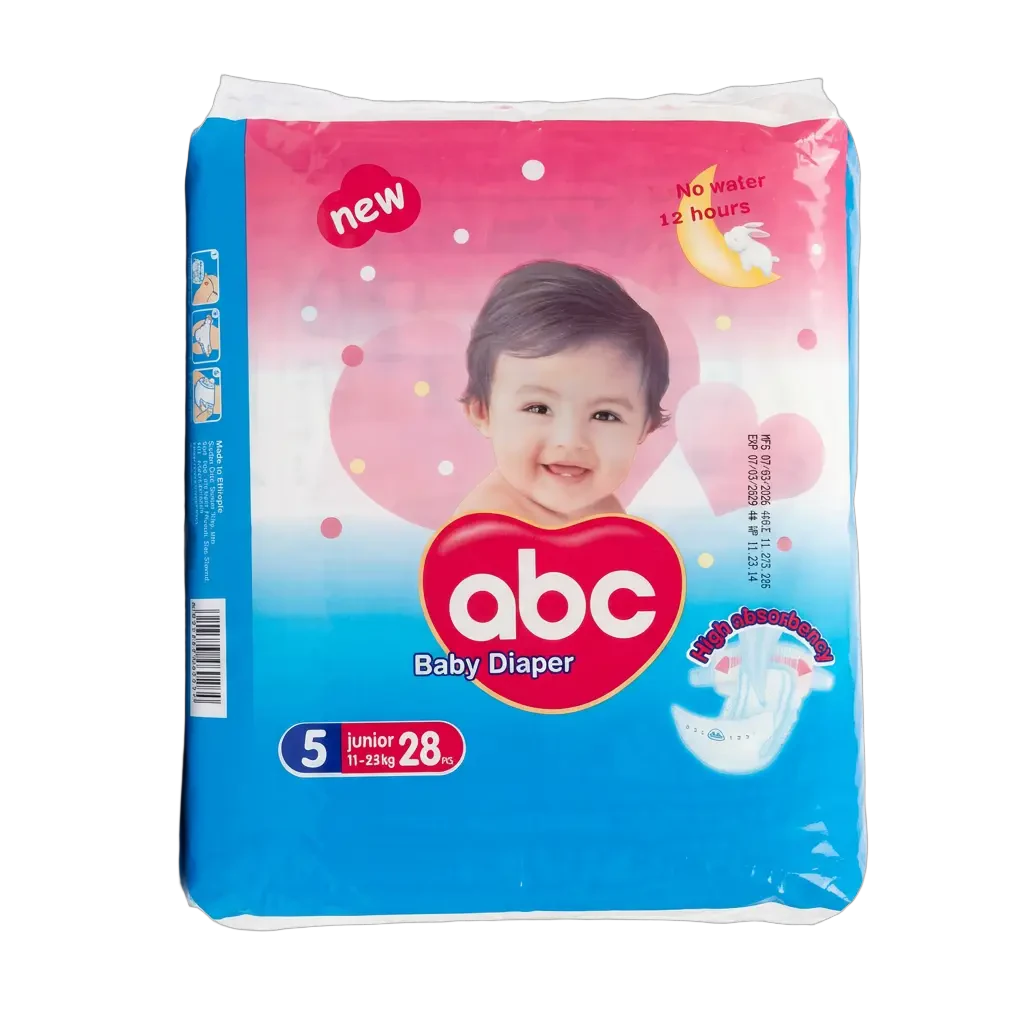 ABC የህፃናት ዳይፐር - መጠን 5 ጁኒየር (11-25kg, 28 ቁርጥራጮች)